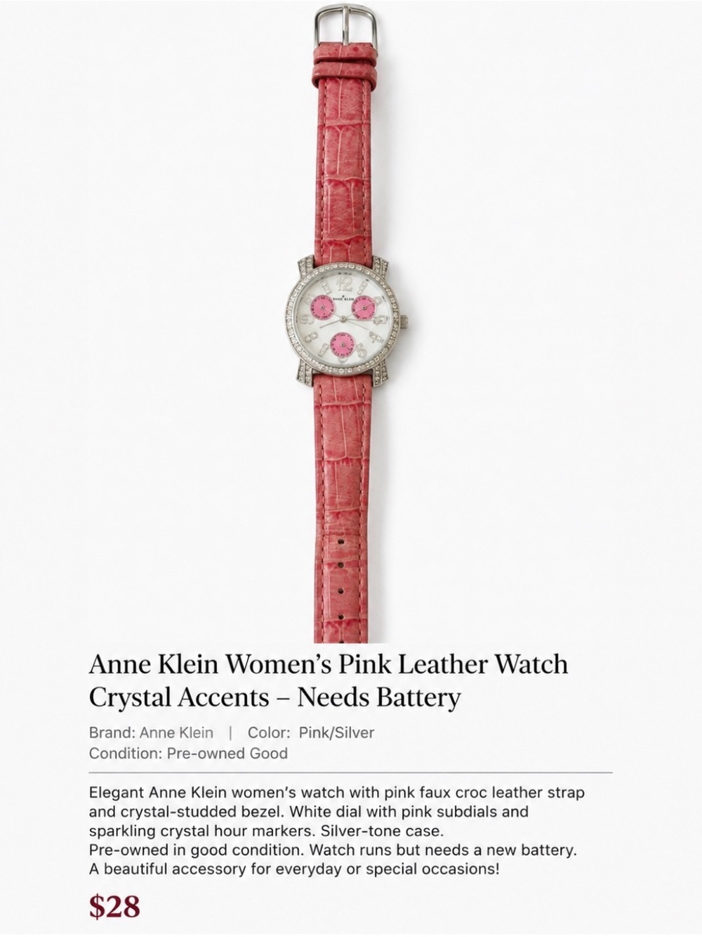 Anne Klein Pink Croc-Pattern Leather Strap Watch with Crystal Bezel - Picture 3 of 7